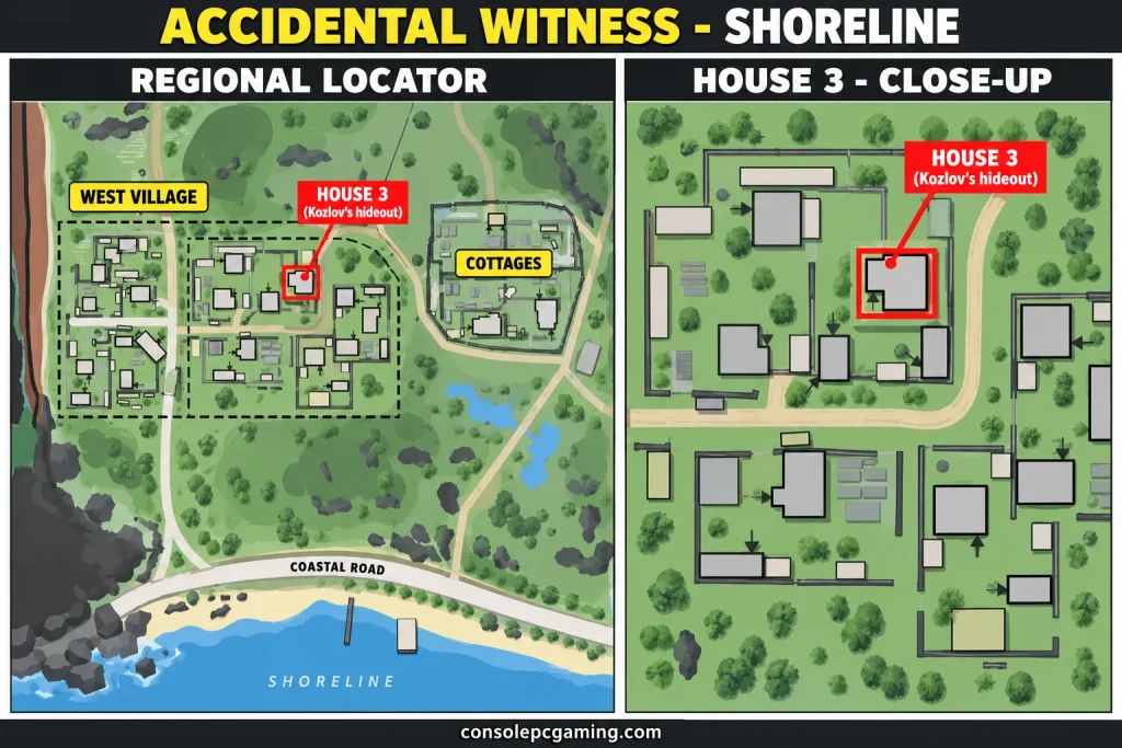 Regional and close-up maps of the same house 3 in the eastern part of Shoreline's West Village for Accidental Witness.