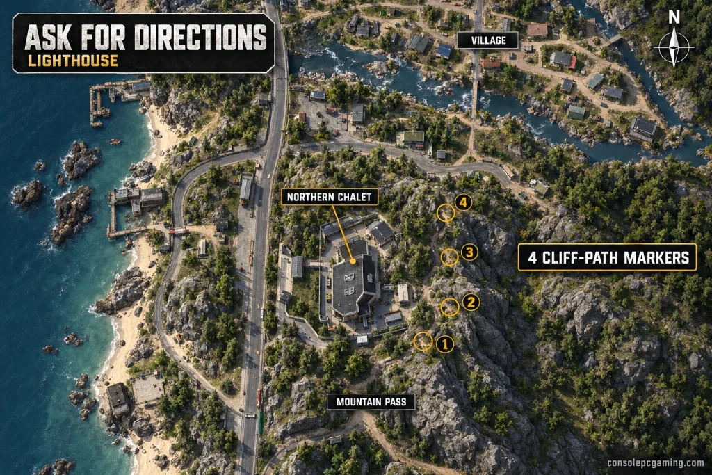 Lighthouse map highlighting the 4 cliff-path sections east of the northern chalet, in order from south to north.