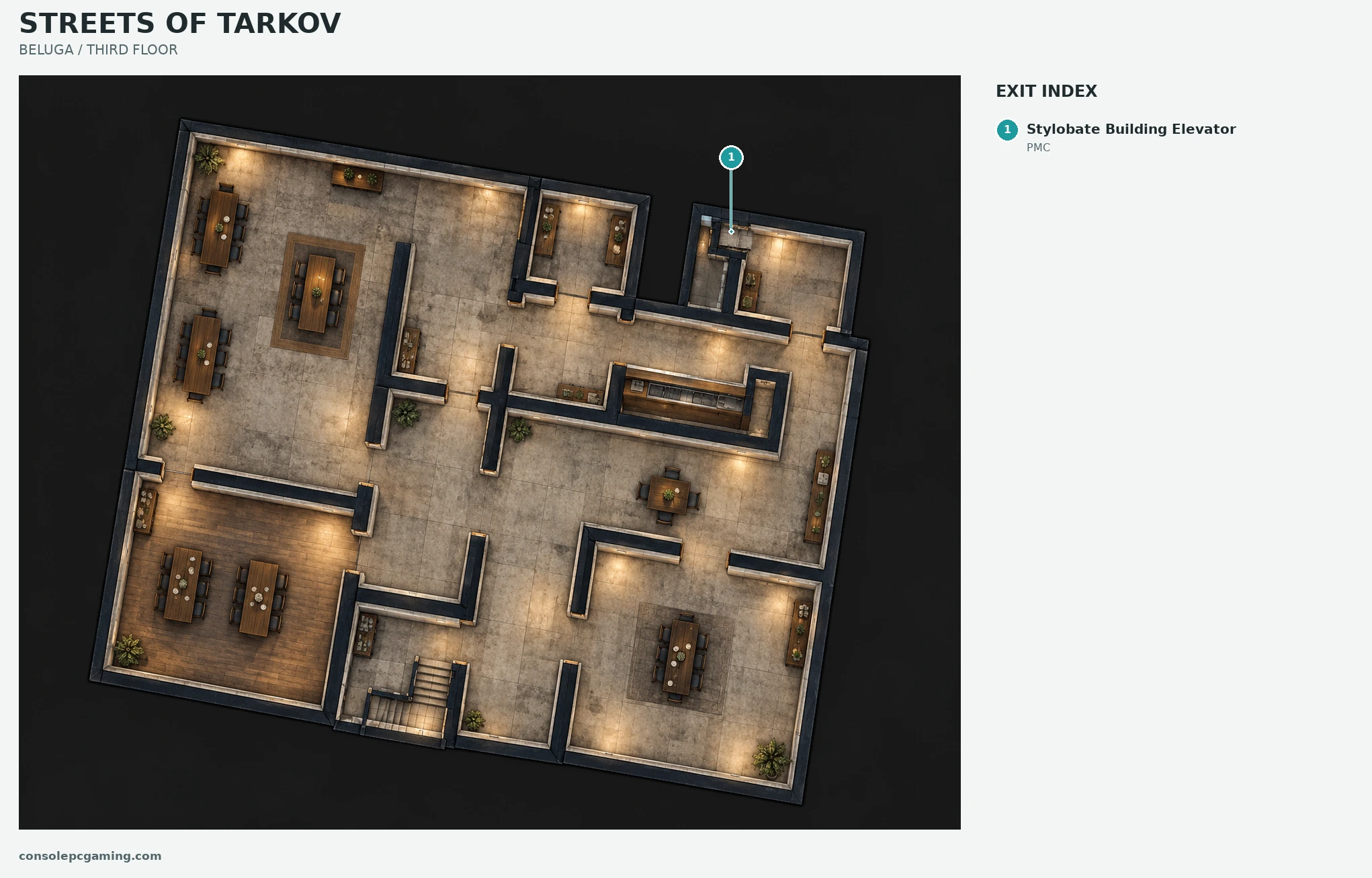 Streets of Tarkov illustrated extraction map: beluga / third floor.