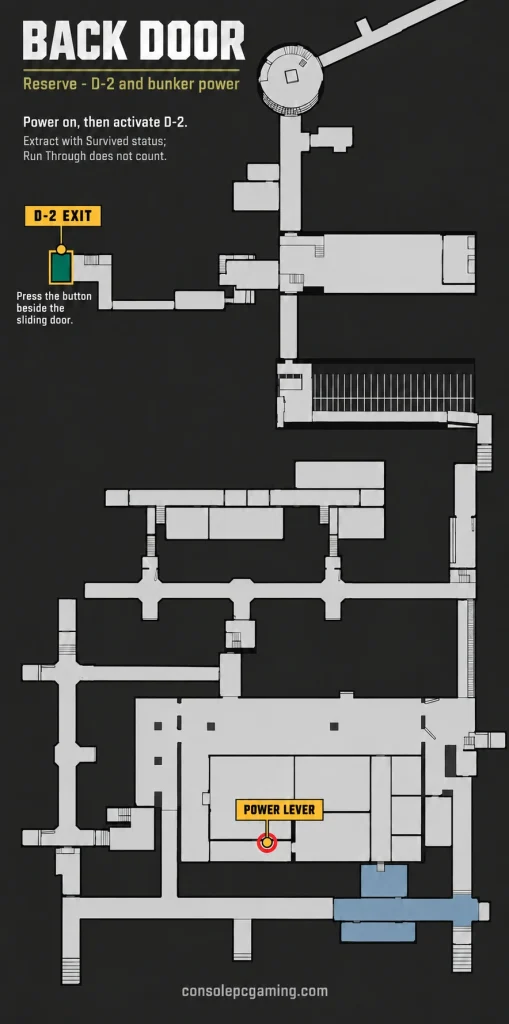 Reserve underground map marking the command-bunker power lever and the D-2 extraction at the western end of the upper tunnel.