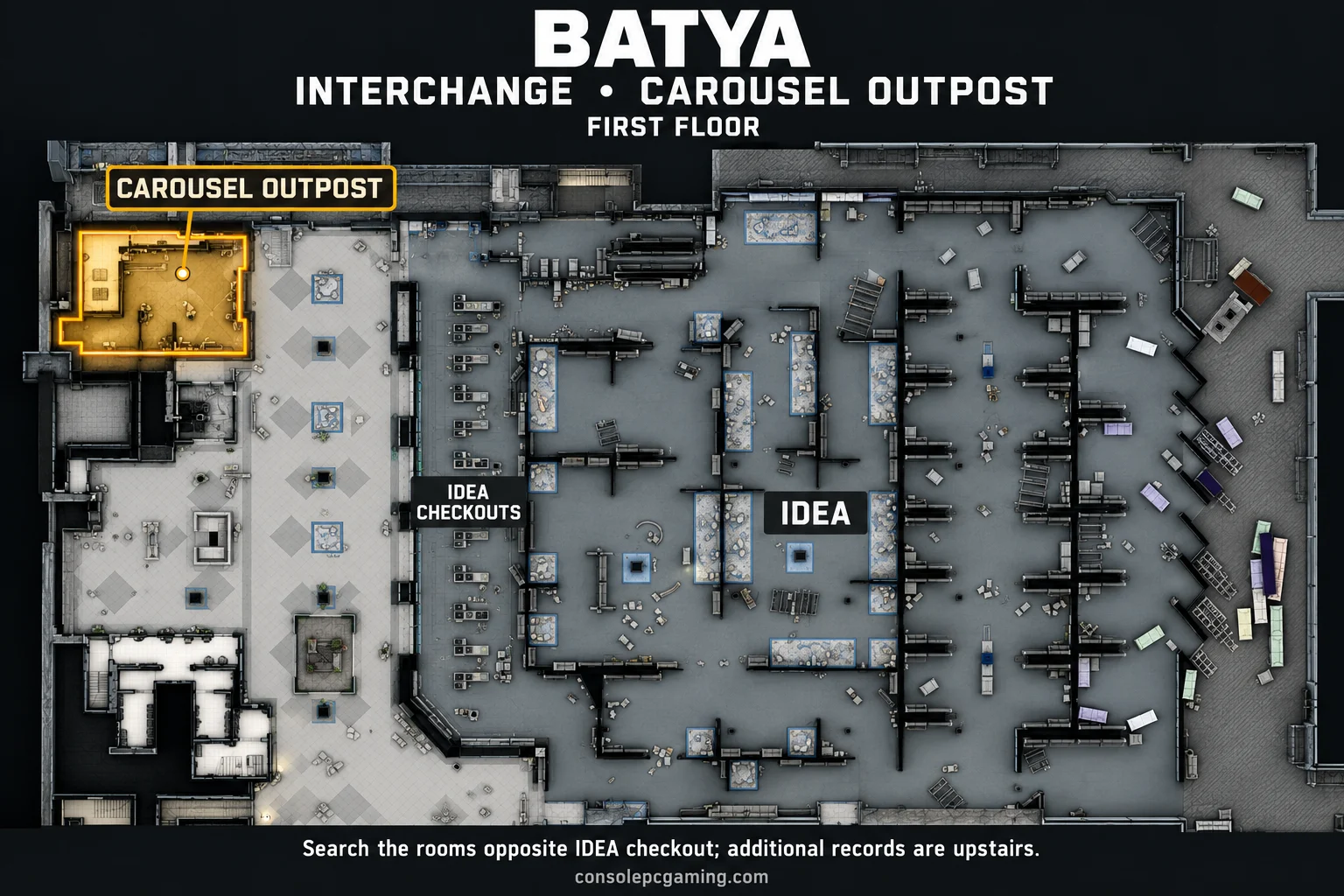 Interchange first-floor interior map highlighting Carousel's room group west of IDEA checkouts.