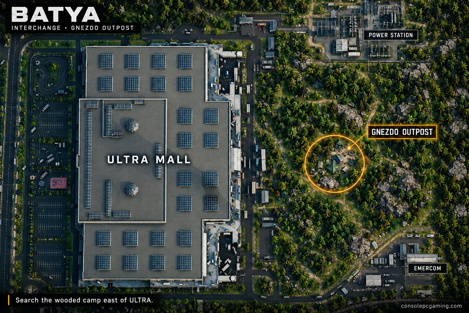 Interchange exterior map highlighting Gnezdo in the eastern forest beside ULTRA, between Power Station and EMERCOM.