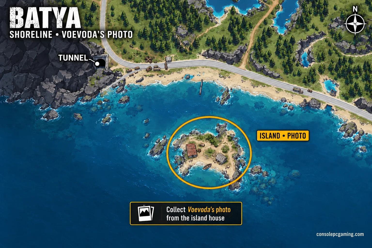 Western Shoreline coast map highlighting the small offshore island southeast of Tunnel for Voevoda's photo.