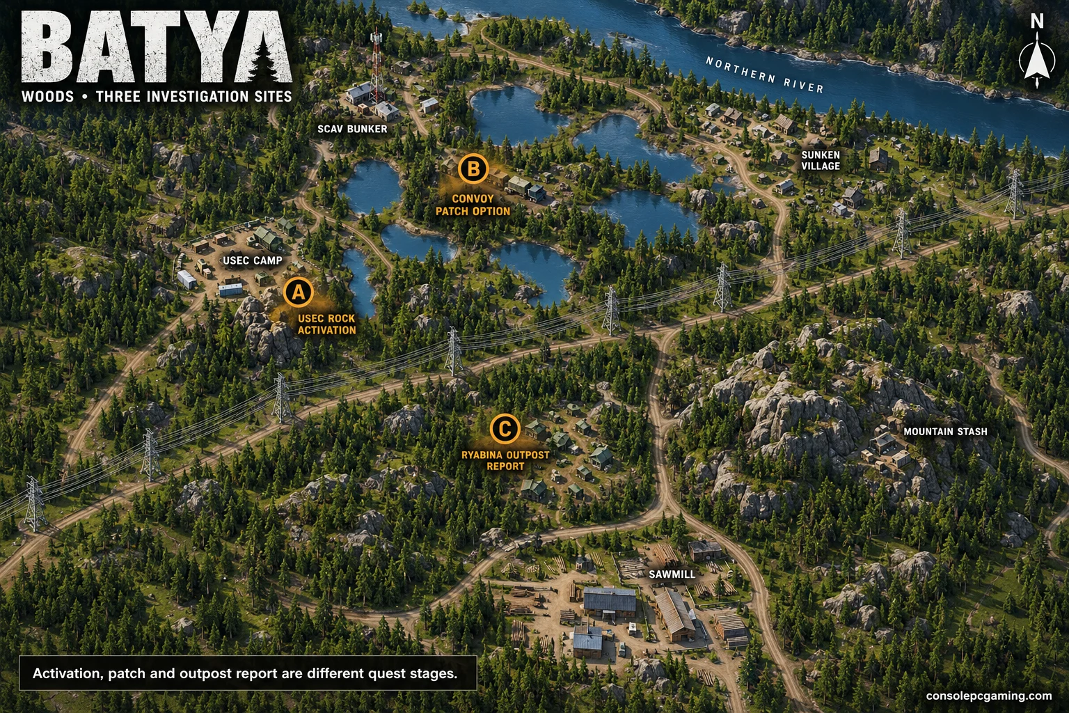 Woods regional map separately marking the USEC activation rock, northern-pond convoy and Ryabina outpost west of the central road.