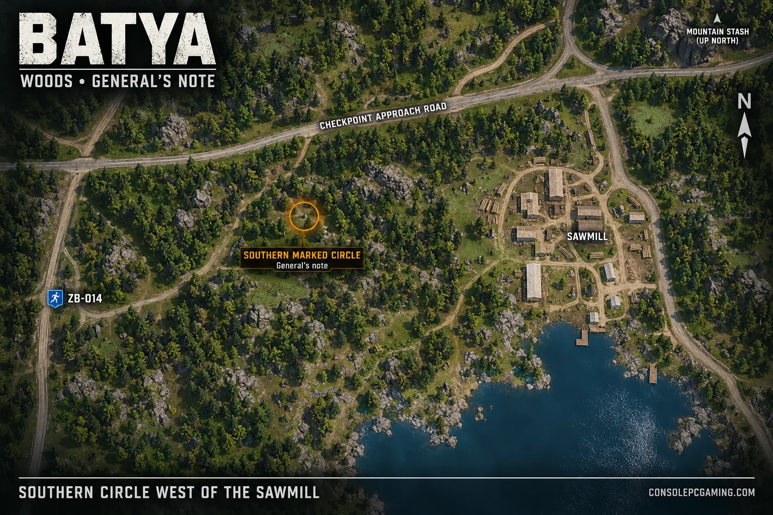 Southern Woods map highlighting the marked-circle vicinity west of the sawmill, below the checkpoint approach road and northeast of ZB-014.