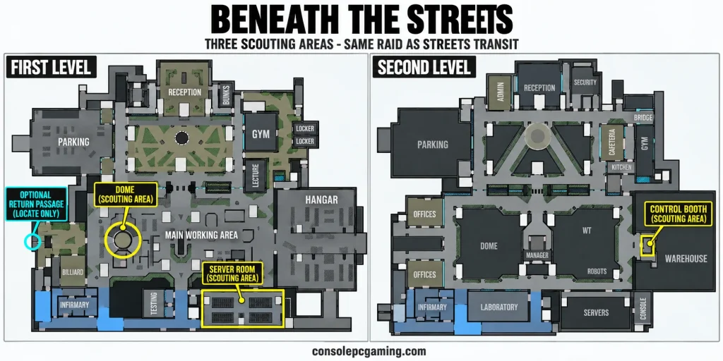 Two-level Lab locator for the dome, server room, control booth and optional return passage in Beneath The Streets.