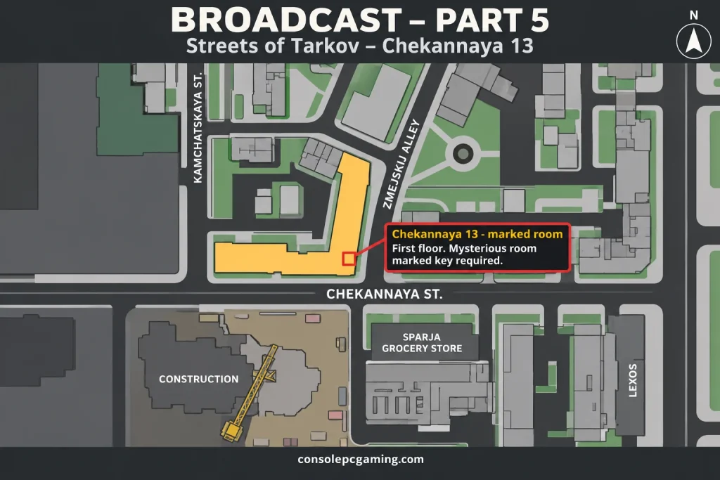 Streets map highlighting Chekannaya 13's marked-room side on the north side of Chekannaya Street, west of Lexos.