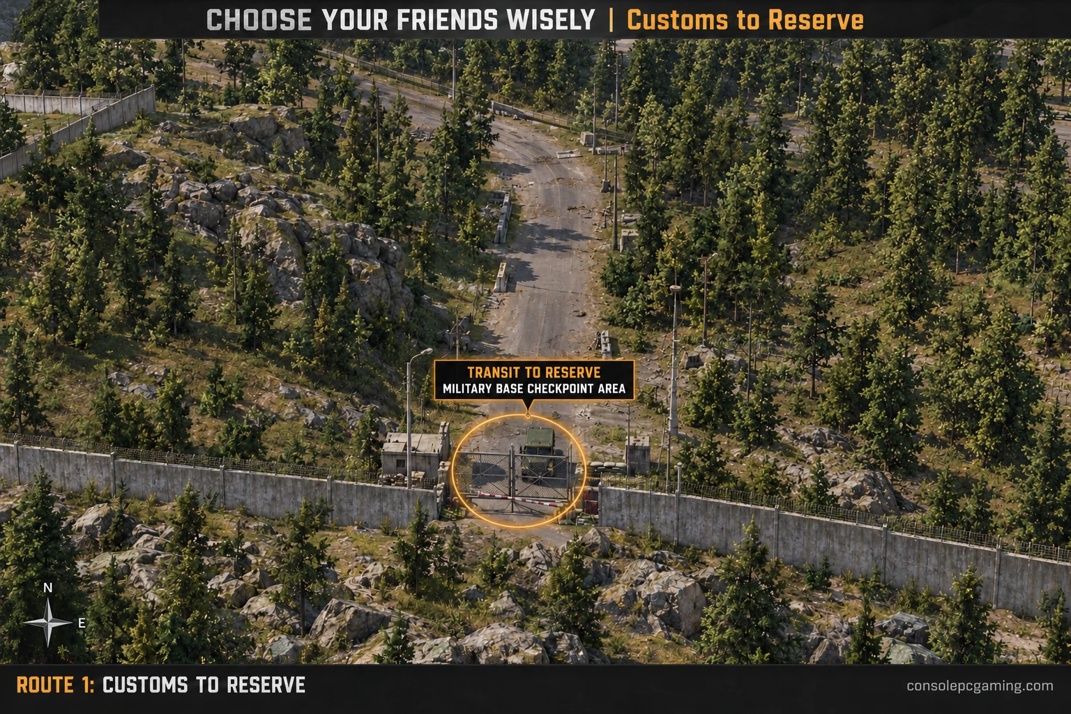 Customs gate locator marking the Reserve transit at the Military Base Checkpoint boundary area.