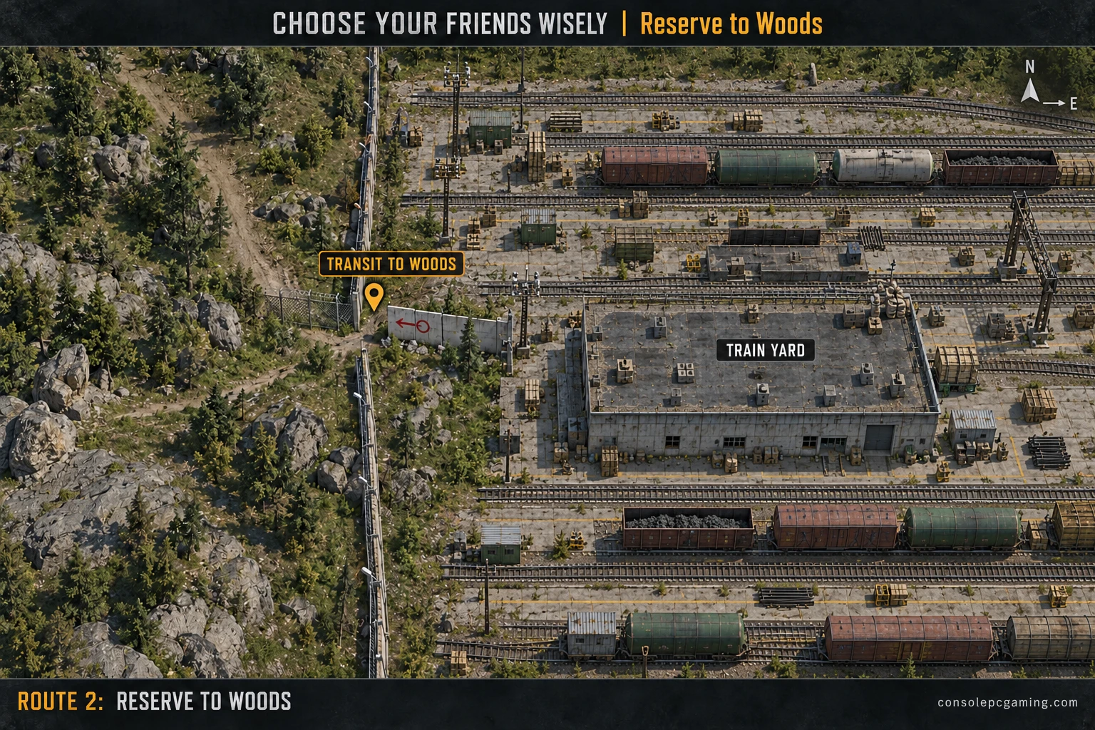 North-up Reserve illustration marking the Woods transit in the western perimeter fence, northwest of the train depot.