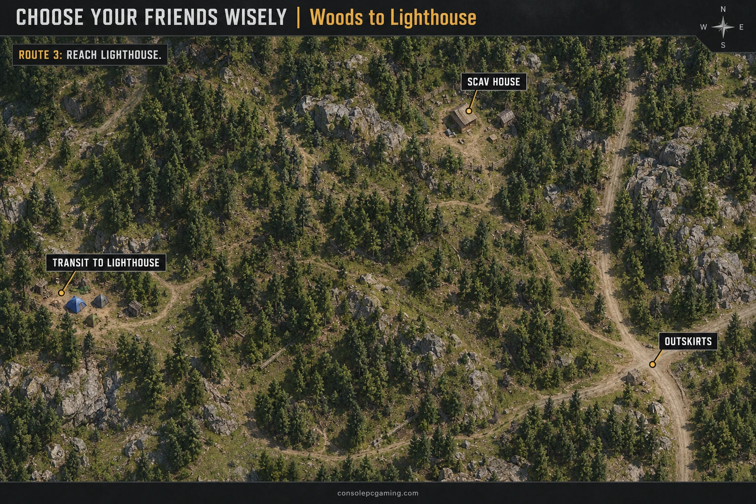 North-up Woods locator showing the Lighthouse campsite transit southwest of Scav House and west of Outskirts.