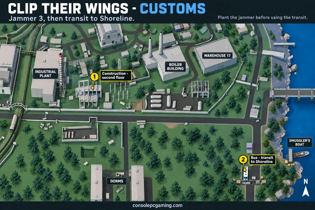 Customs map marking the construction site second-floor jammer and the Shoreline transit bus behind Sniper Roadblock.