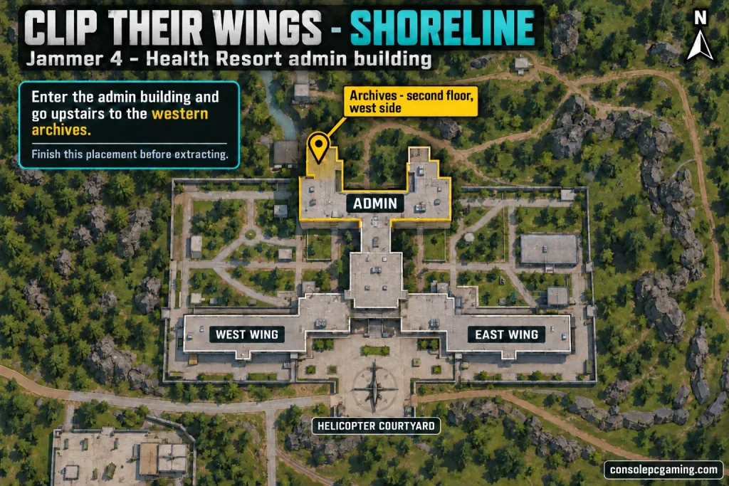 Shoreline Health Resort map highlighting the admin building western archives on the second floor.