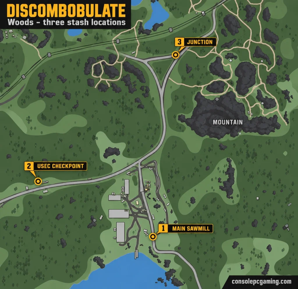 Woods map marking the three Discombobulate stash locations beside the main sawmill, at the western checkpoint and at Junction.