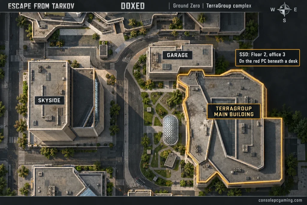 Ground Zero locator highlighting the TerraGroup main building, with the Doxed SSD in office 3 on the second floor.