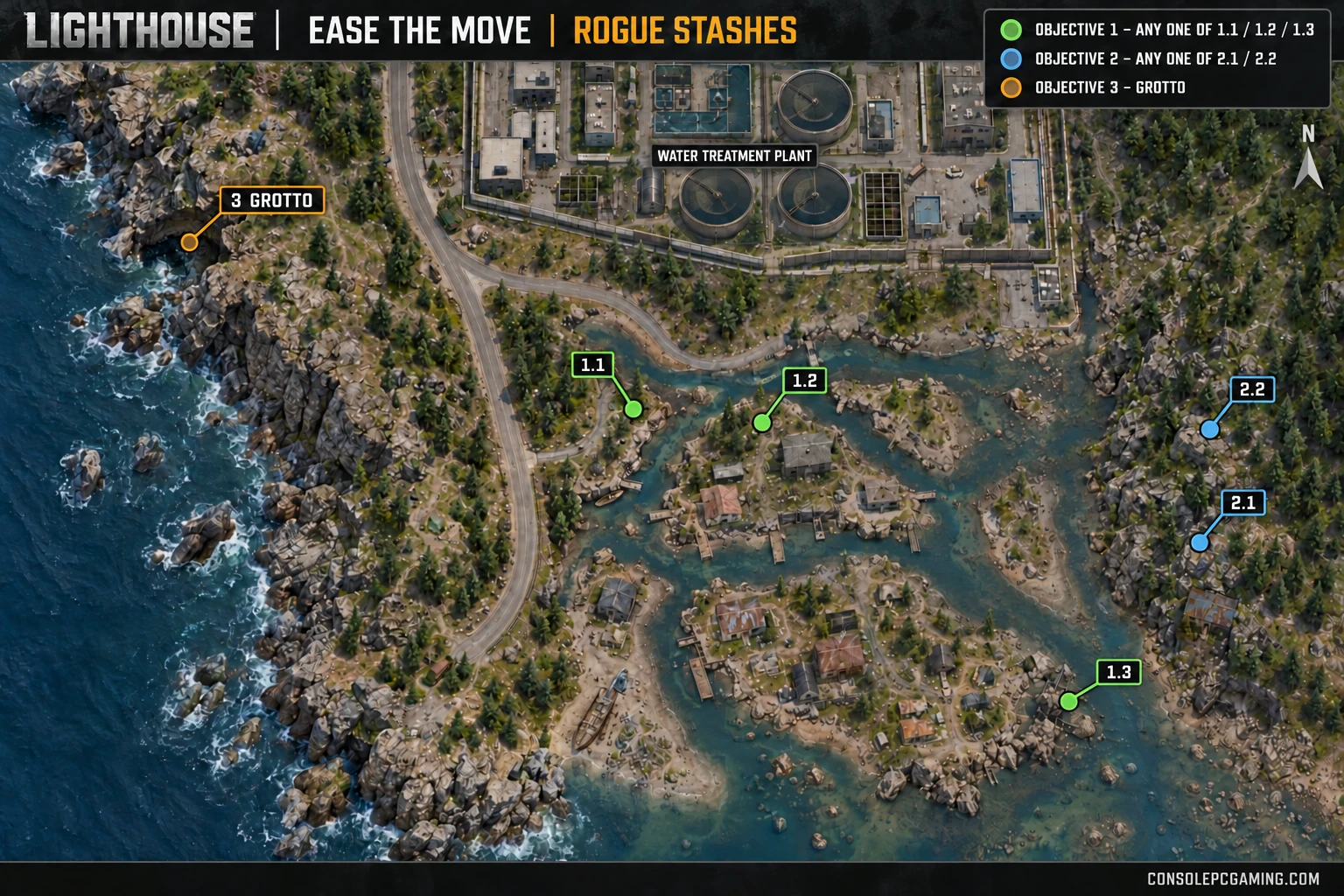 Lighthouse terrain atlas showing three first-stash alternatives, two second-stash alternatives and the separate western coastal grotto.