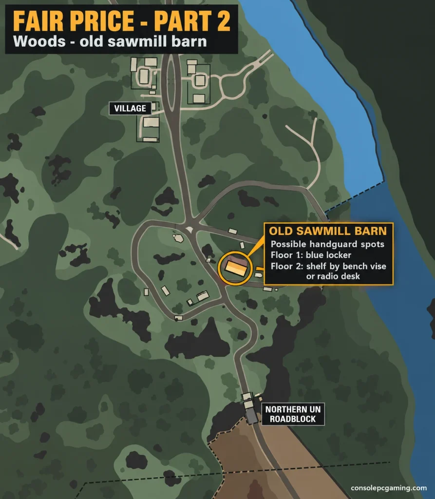 Eastern Woods map highlighting the old sawmill barn beside the eastern river, north of Northern UN Roadblock.
