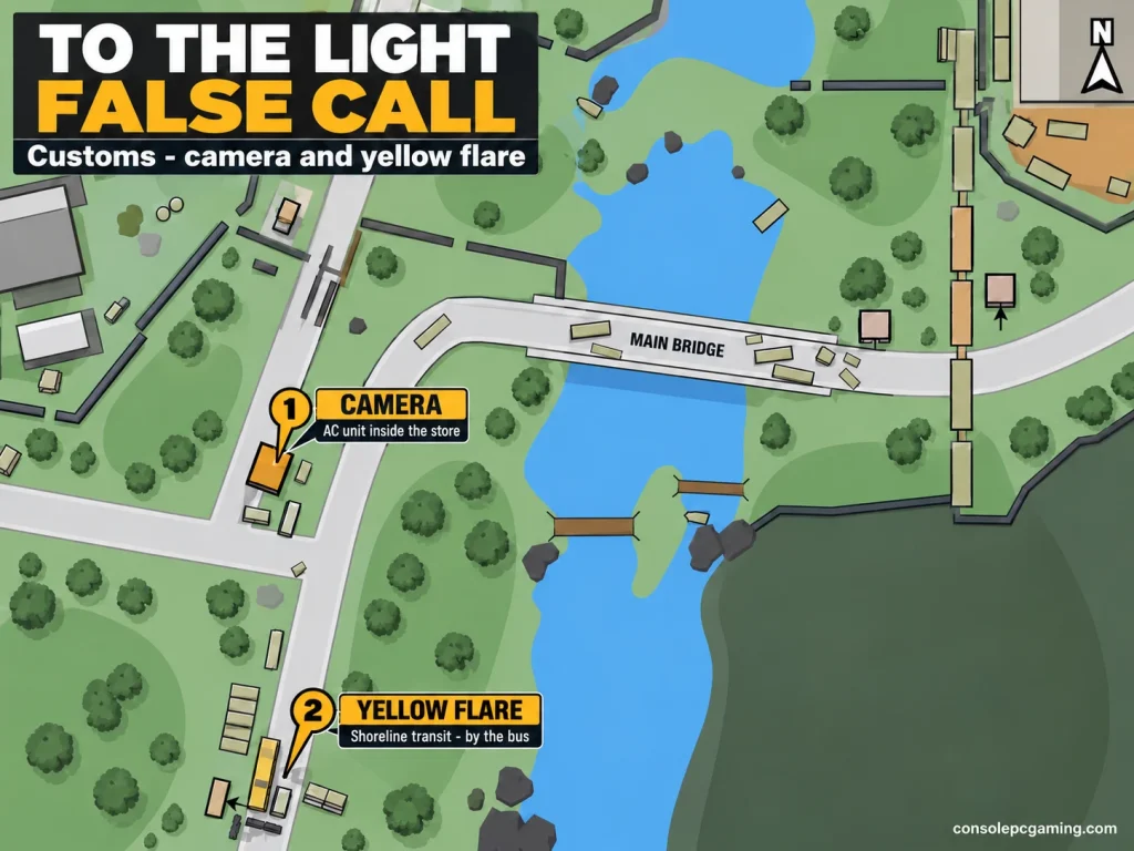 Customs sector map marking the camera's convenience store near the main bridge and the yellow-flare area at the Shoreline transit by the bus.