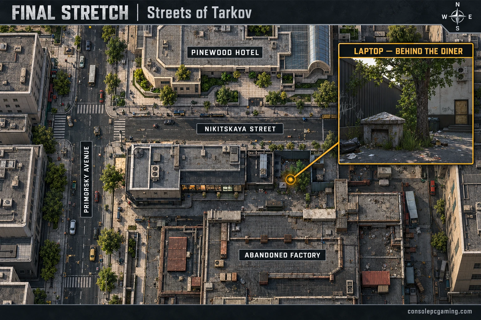Streets map highlighting the laptop at the small capped ventilation chimney behind the Nikitskaya Street diner, south of Pinewood Hotel.