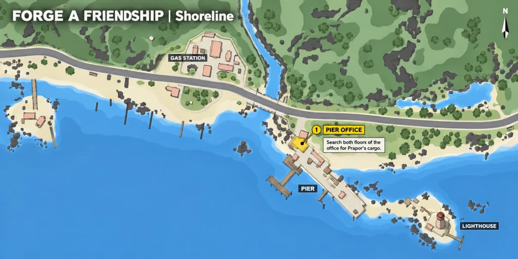 Shoreline map highlighting the pier office where Prapor's cargo can be found for Forge a Friendship