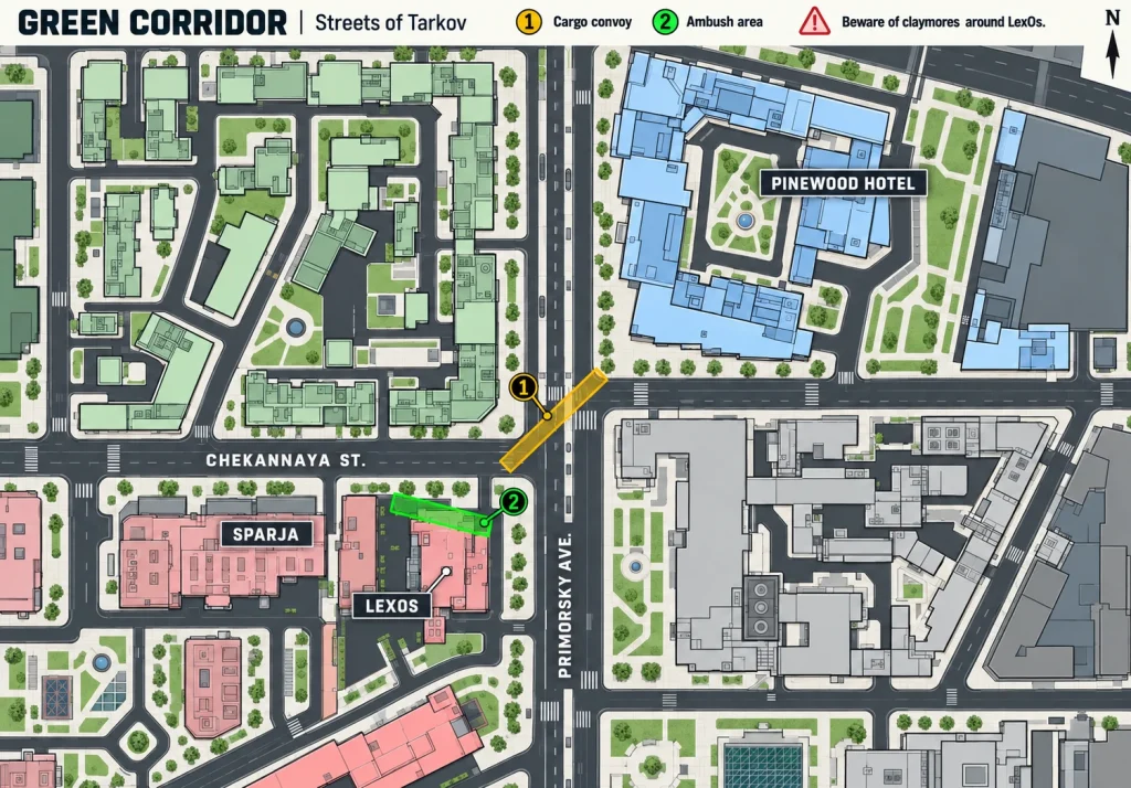 Green Corridor map marking the cargo convoy and ambush area near LexOs on Streets of Tarkov