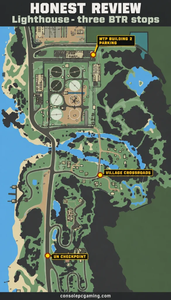 Lighthouse map marking only the three Honest Review BTR stops at UN Checkpoint, Village Crossroads and the east end of water-treatment Building 2.