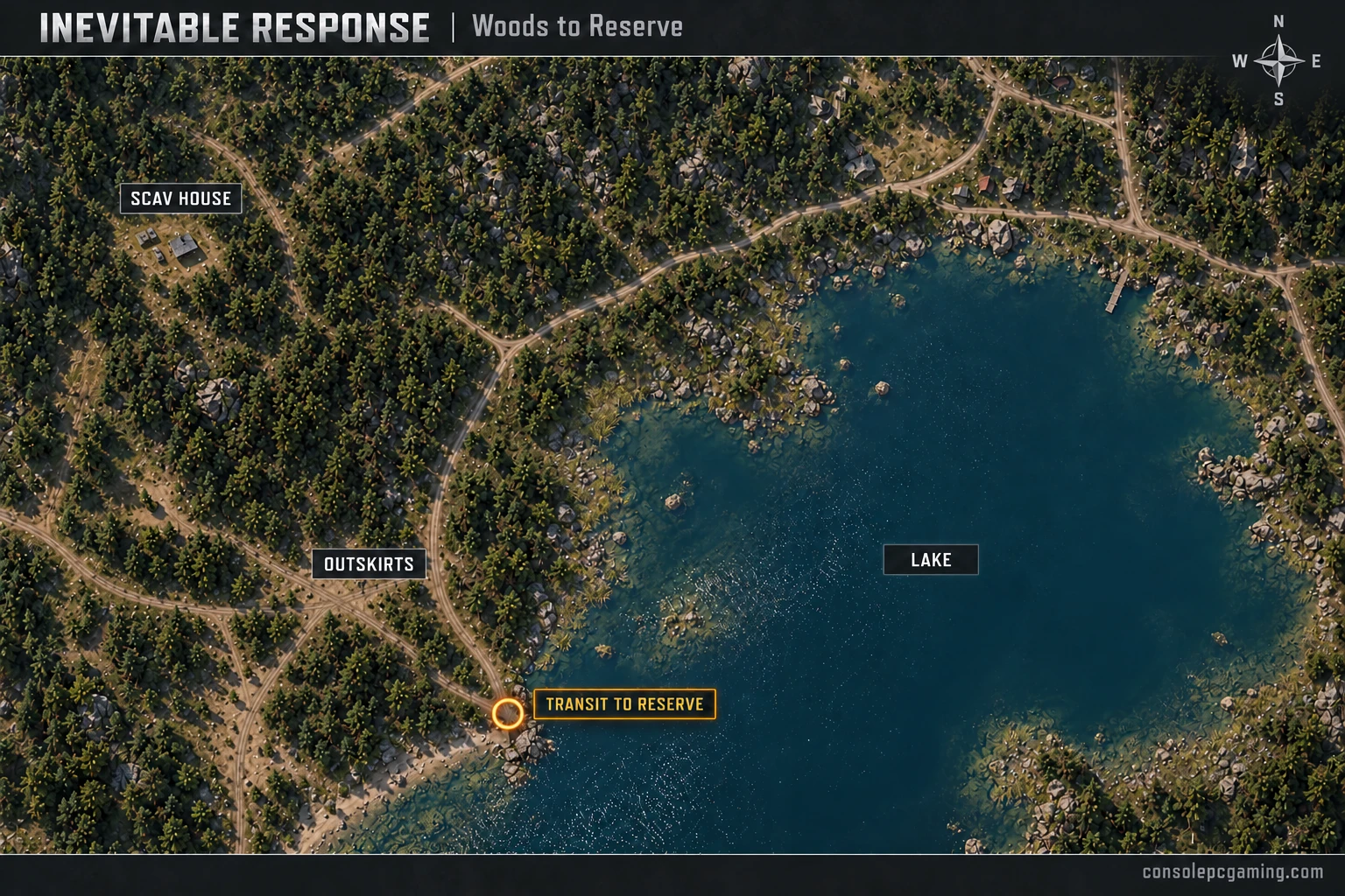 Woods locator showing the Reserve transit on the southwestern lakeshore, southeast of Outskirts and Scav House.