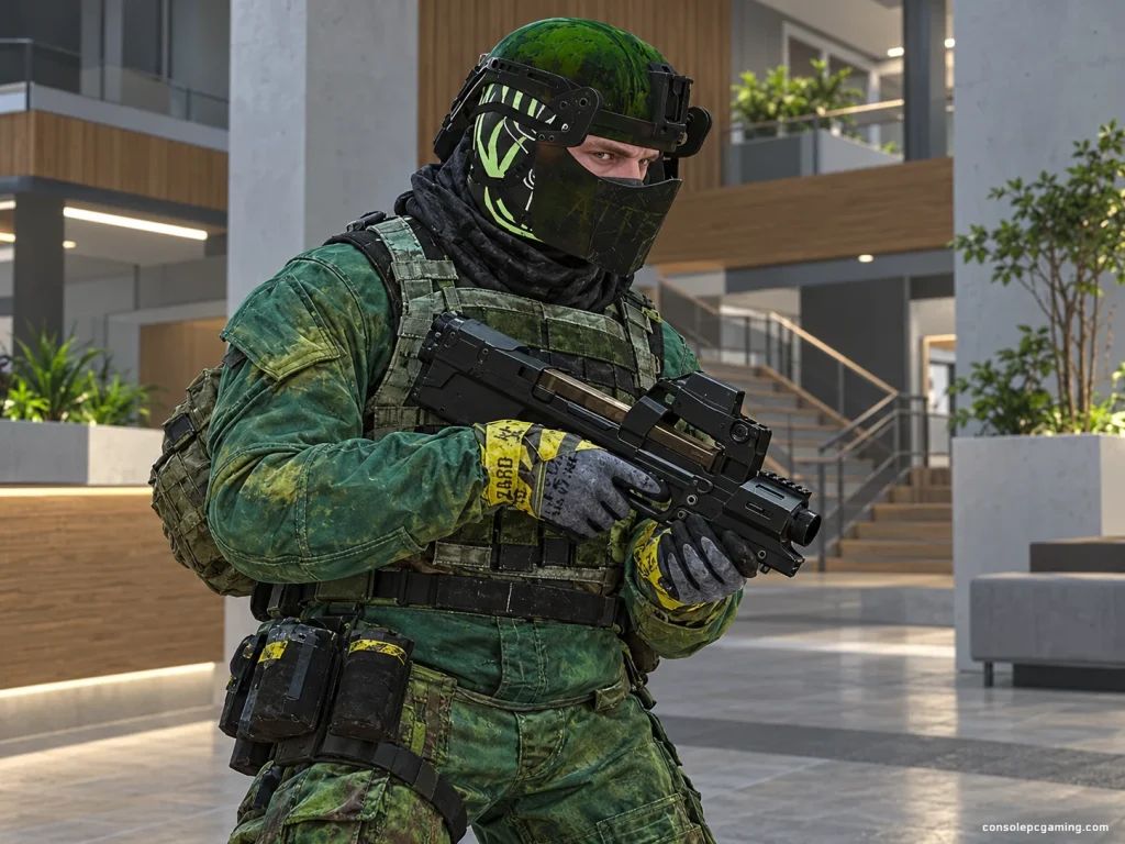 Scourge character illustration showing his green helmet, face covering, teal-green uniform and compact P90.