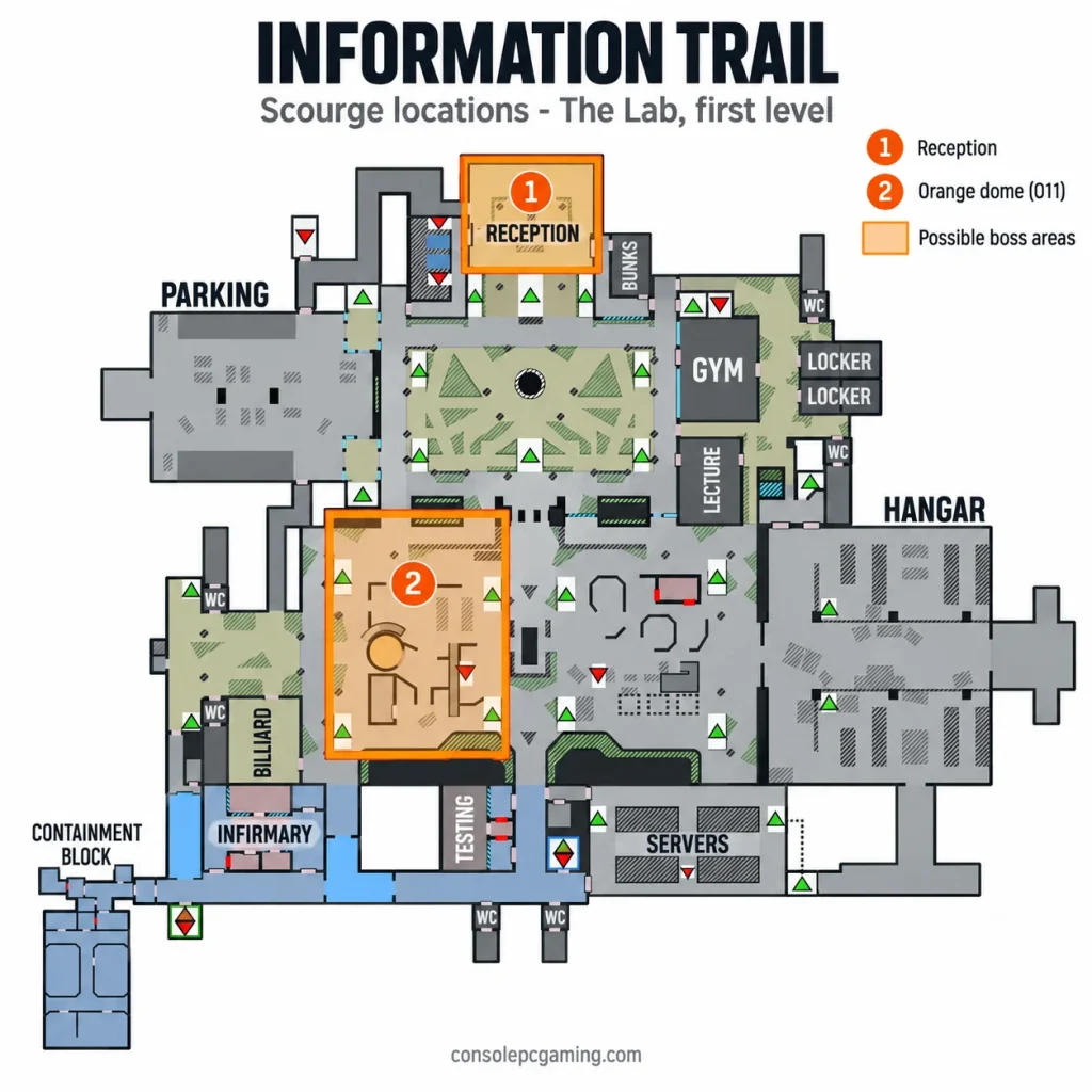 The Lab first-level map highlighting Scourge's possible spawn areas at reception and the orange dome in O11.