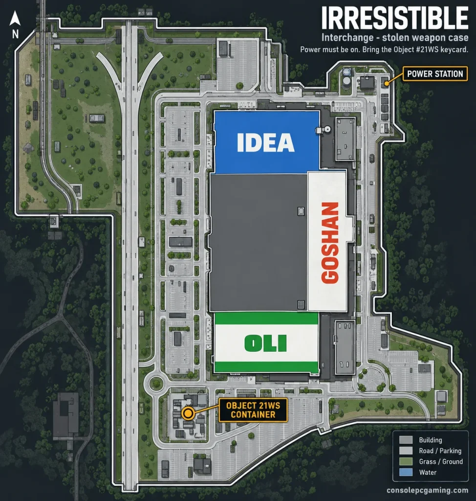 Interchange exterior map marking the Object 21WS container southwest of the mall, with the power station to the northeast.