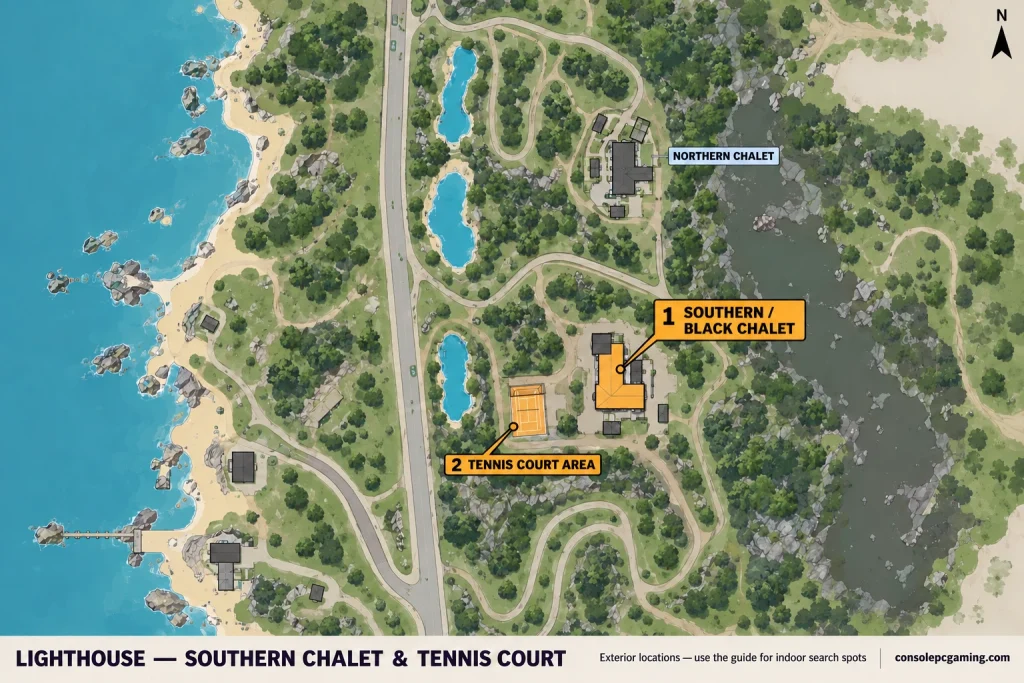 Lighthouse sector map highlighting the southern black chalet and its tennis court west of the building, with the northern chalet, coastal road and ponds for orientation.