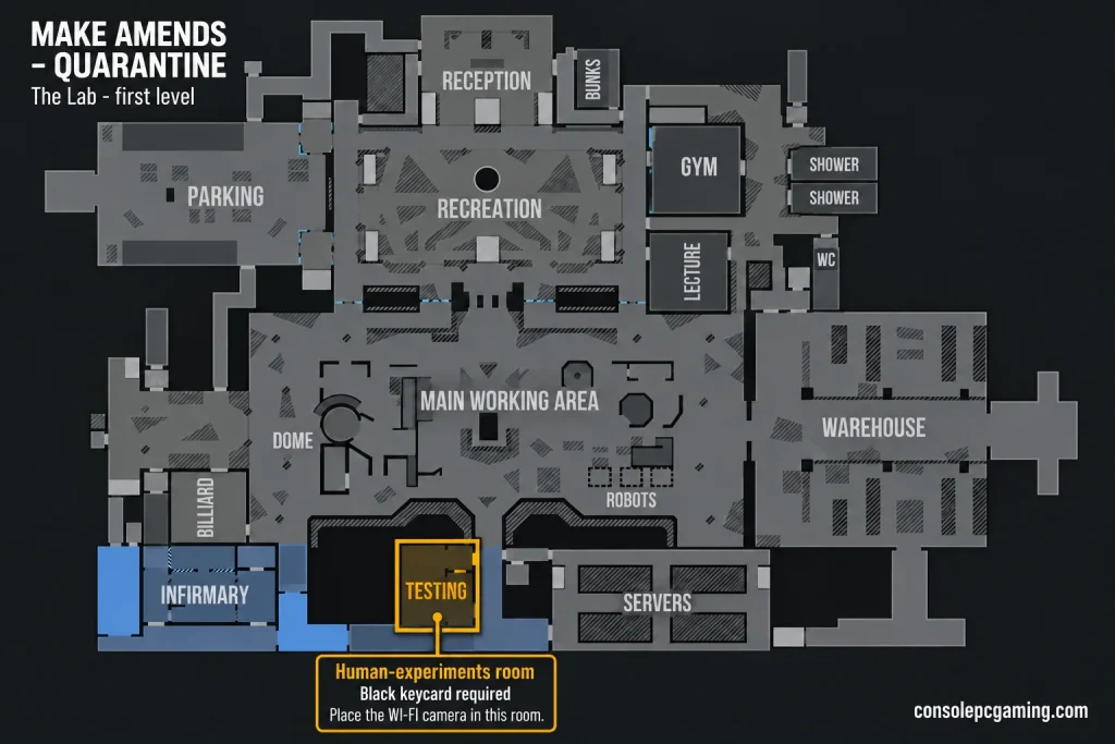 Lab first-level map highlighting the Black-keycard testing room between Infirmary and Servers for Make Amends - Quarantine.