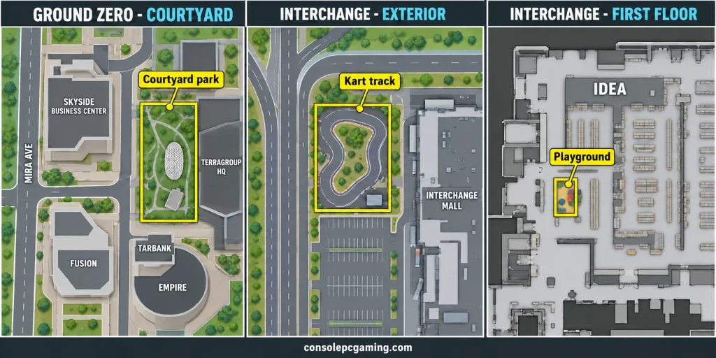 Three Needle in a Haystack location maps highlighting the TerraGroup courtyard, Interchange outdoor kart track and first-floor IDEA playground.