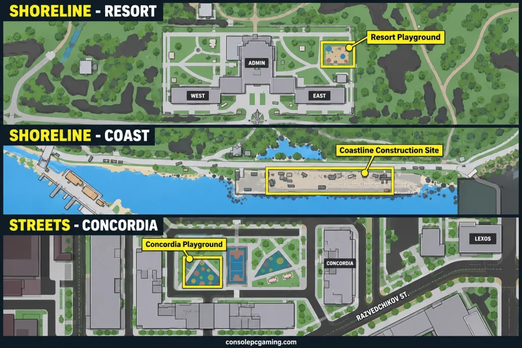 Three Needle in a Haystack maps marking the Resort east-wing playground, coastal construction site and Concordia playground.