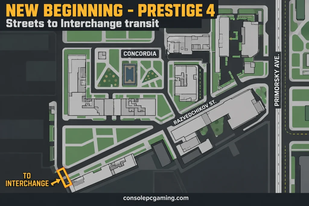 Southwestern Streets of Tarkov map marking the Interchange transit beside the southwest end of Concordia.