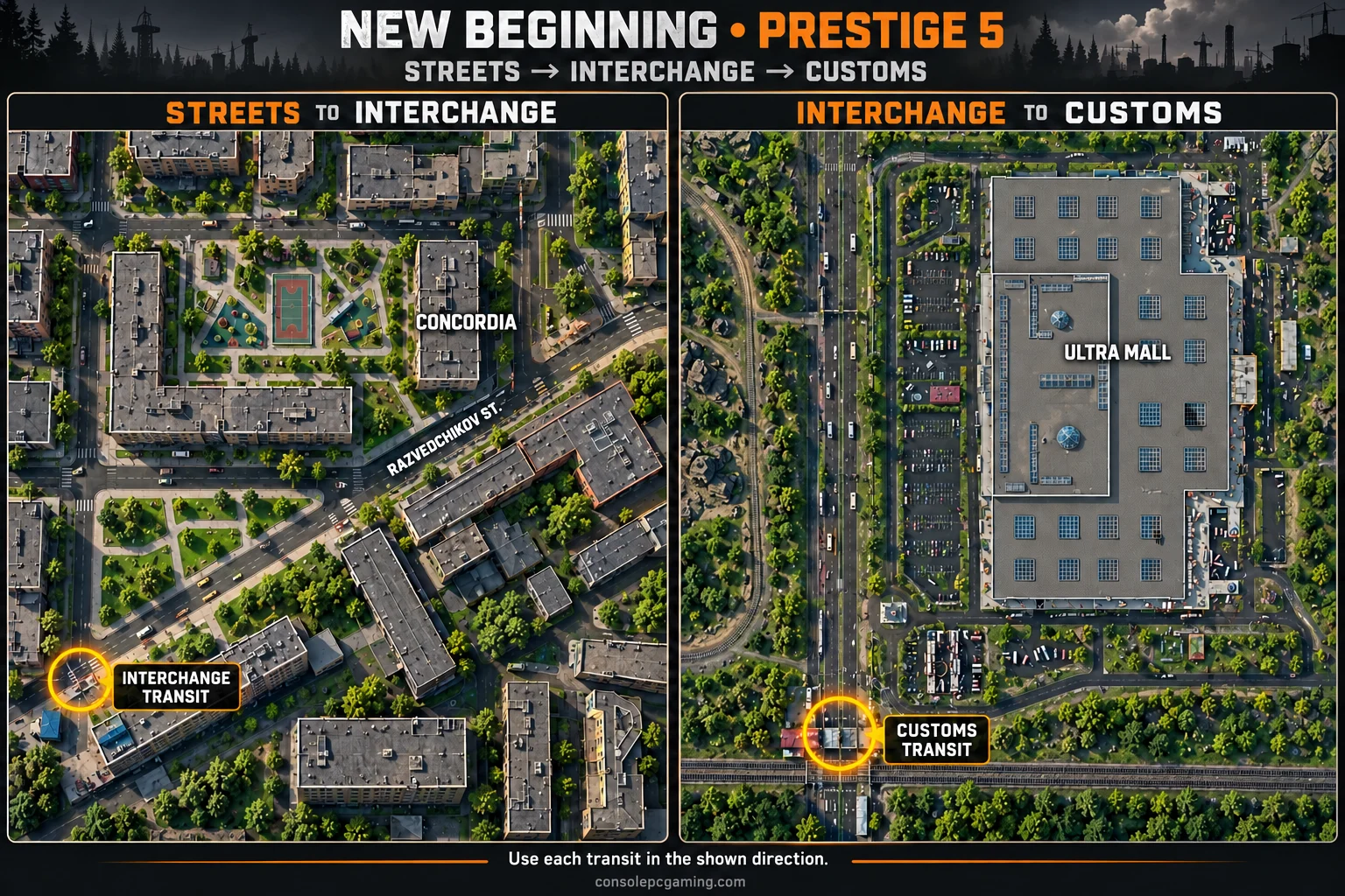 Separate maps showing the Interchange transit southwest of Concordia on Streets and the Customs transit at the southern end of Interchange's western highway.