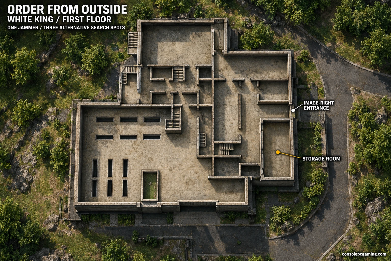 White King first-floor map identifying the storage room in the lower-right wing below the image-right entrance.