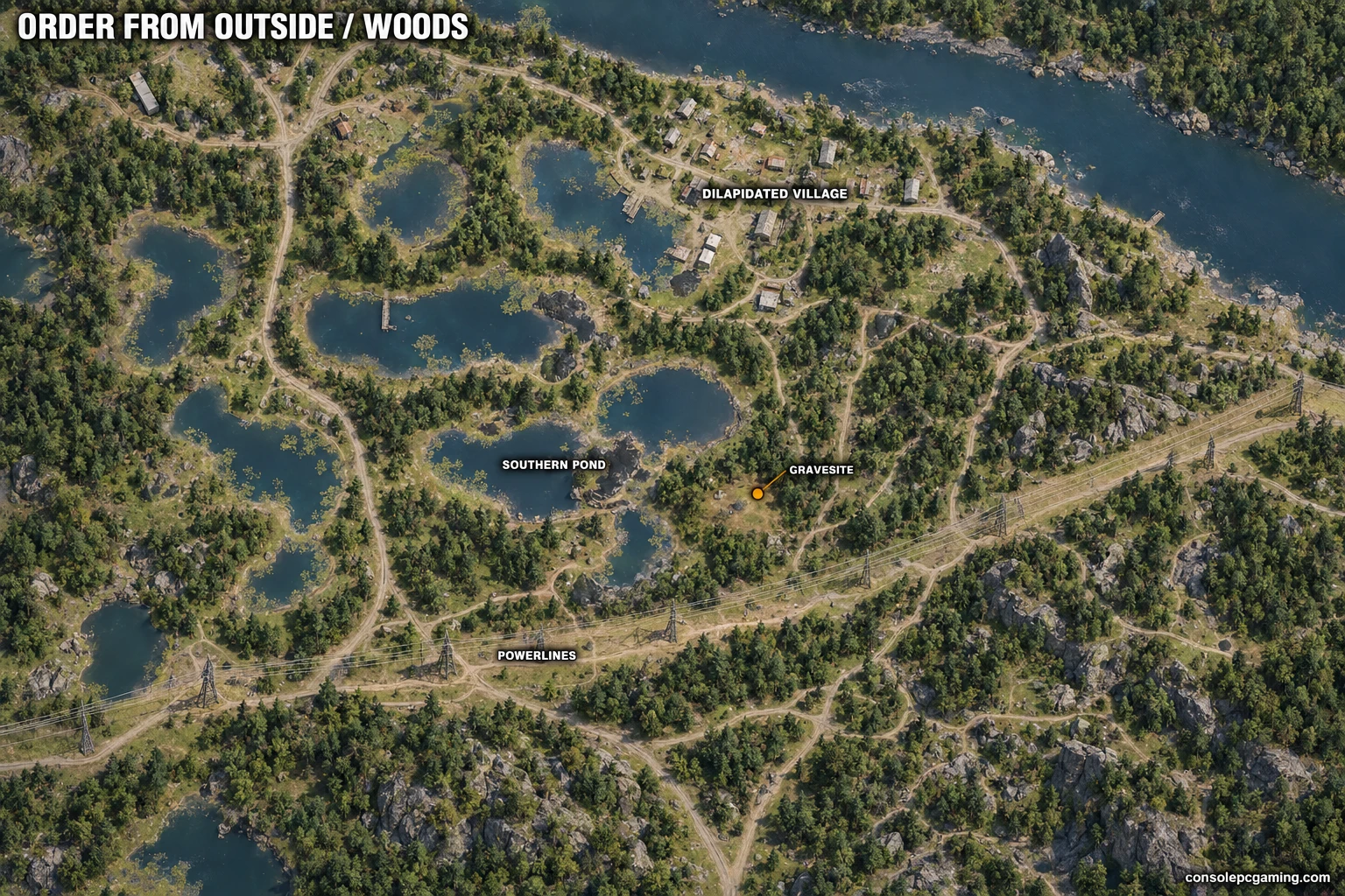 Woods map locating the gravesite clearing south of the dilapidated village, southeast of the southern pond and north of the power lines.
