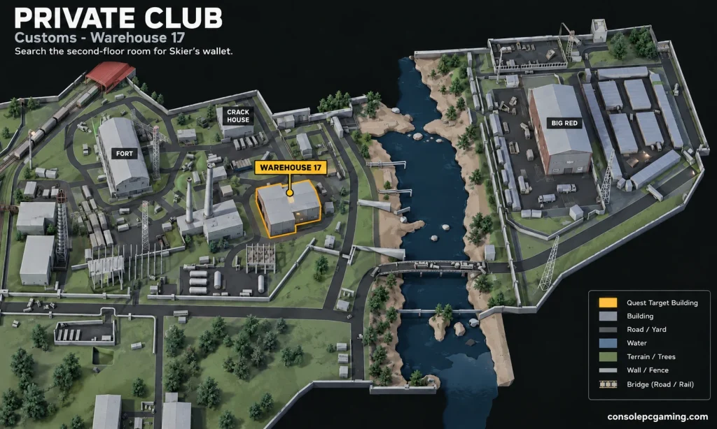 Customs locator highlighting Warehouse 17 beside the river, with Big Red across the water and Crack House nearby.