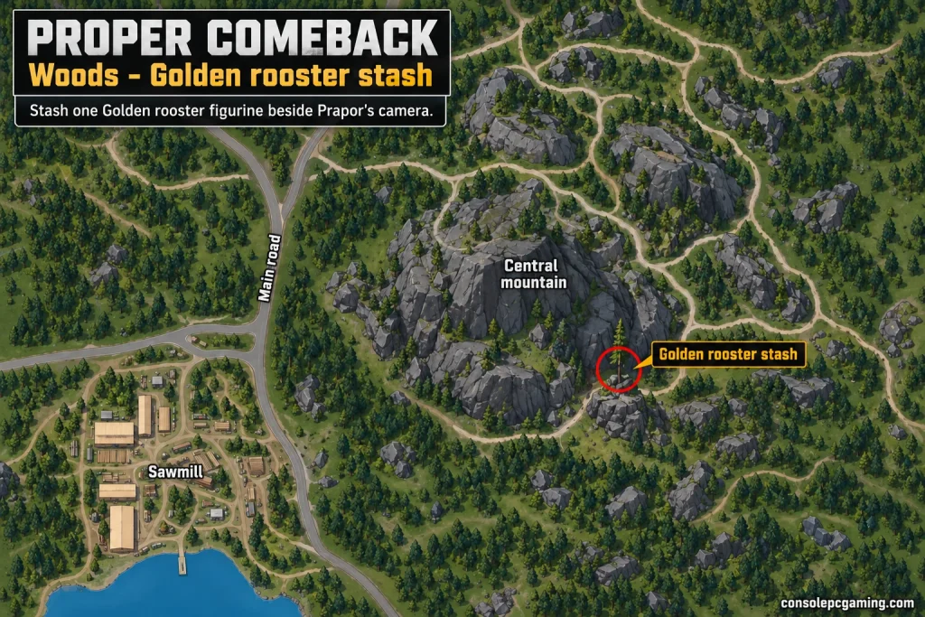 Proper Comeback Woods map highlighting the Golden rooster stash on the mountain ledge northeast of the sawmill.