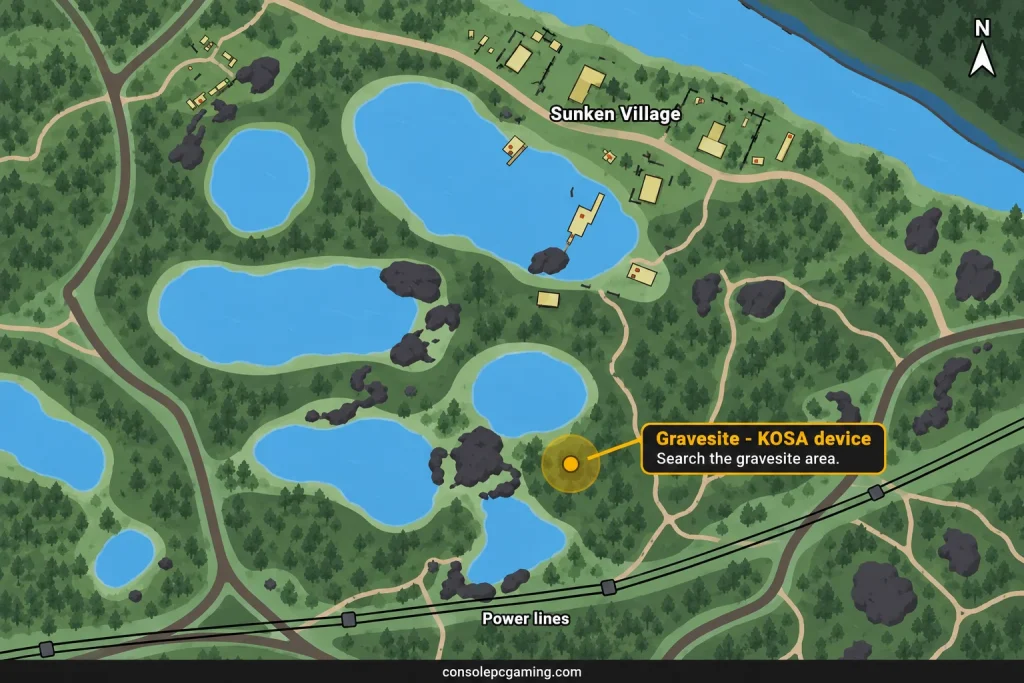 Woods map marking the gravesite search area for the KOSA device southeast of the northern ponds.
