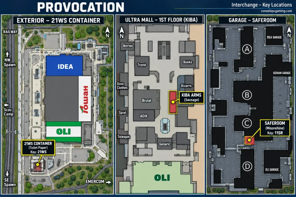 Provocation map with separate Interchange exterior 21WS container, first-floor Kiba store and garage Saferoom panels