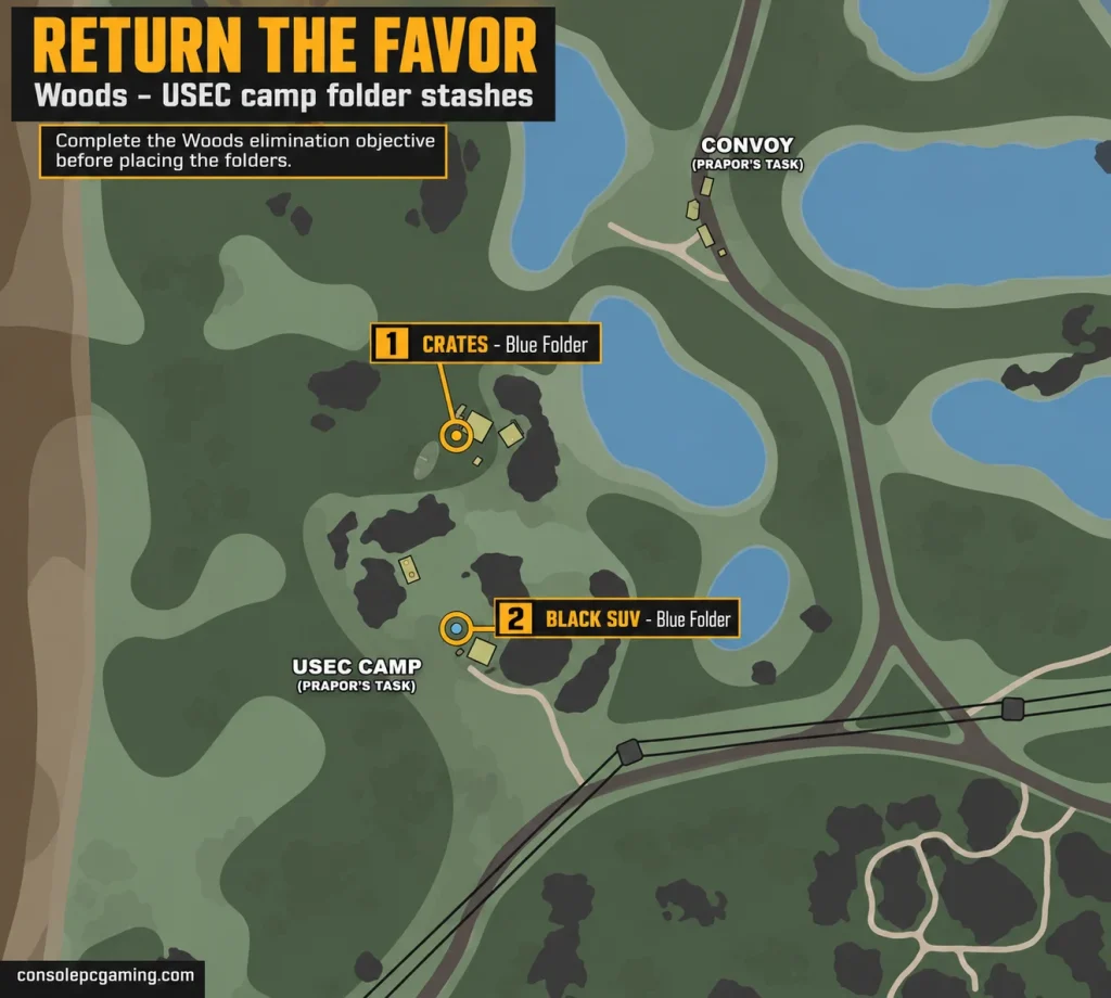 Woods USEC camp map marking the northern crates and southern black SUV as two separate Blue Folder stash locations.