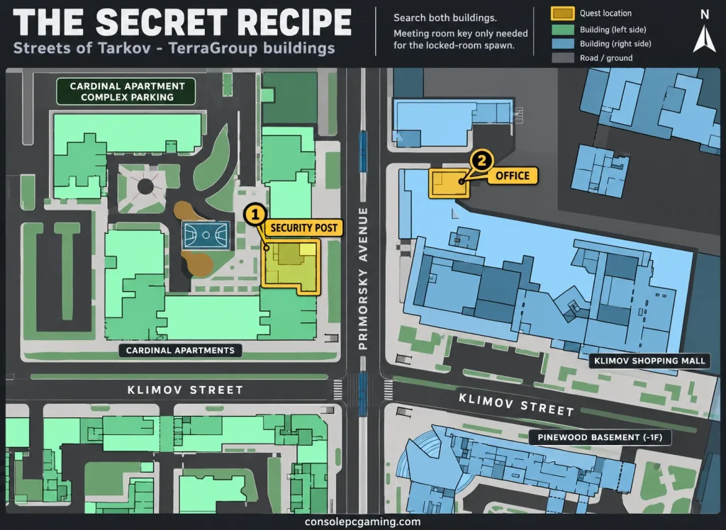 Streets map highlighting the TerraGroup security post at Cardinal Apartments and office across Primorsky Avenue.