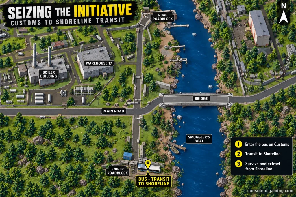 Customs map showing the Shoreline transit bus behind Sniper Roadblock south of the main crossroads.