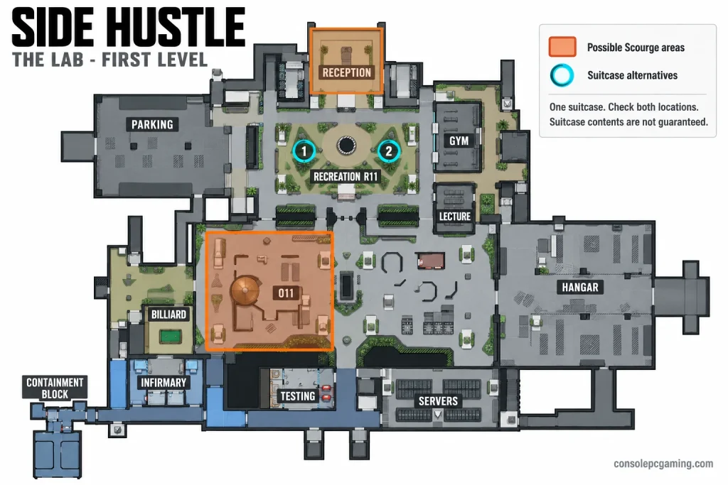 Side Hustle map with Scourge search areas at reception and O11 and two suitcase alternatives in R11 recreation.
