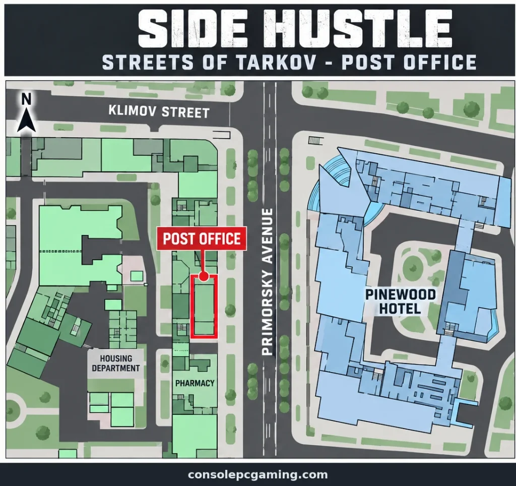 Side Hustle post office locator west of Primorsky Avenue across from Pinewood Hotel on Streets of Tarkov.