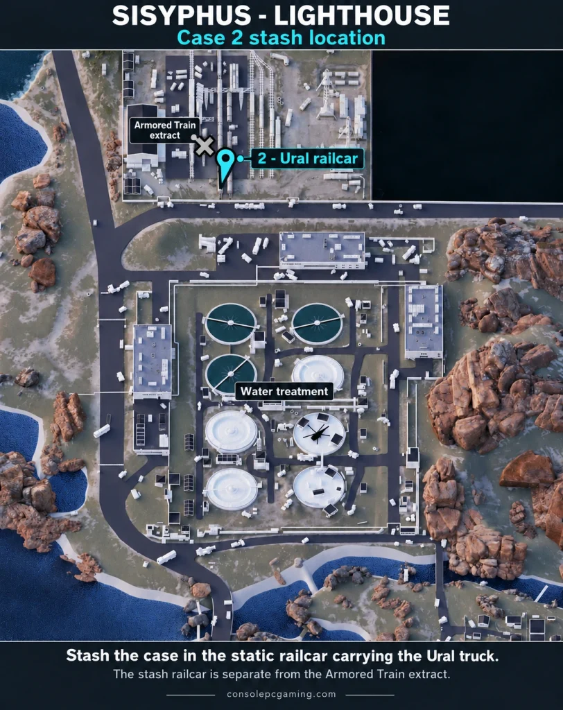 Sisyphus Lighthouse map distinguishing the static Ural railcar stash from the Armored Train extract