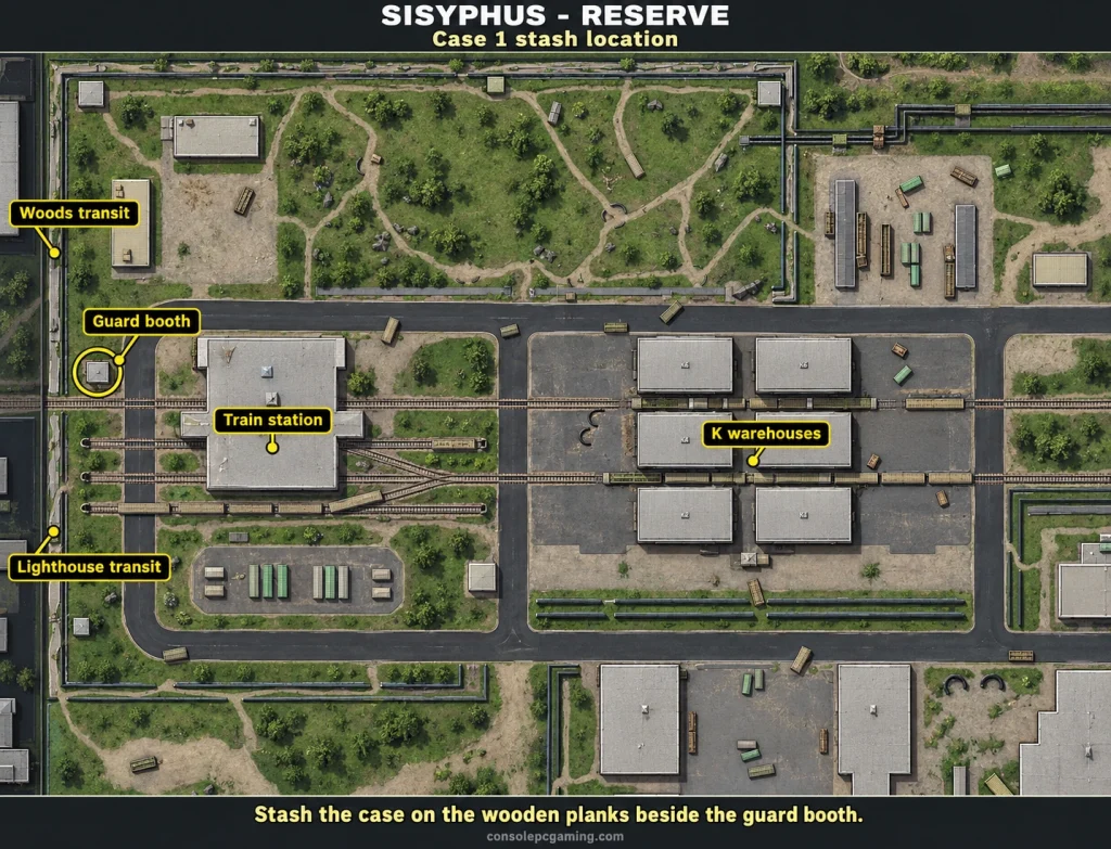 Sisyphus Reserve map marking the case stash beside the guard booth west of the train station