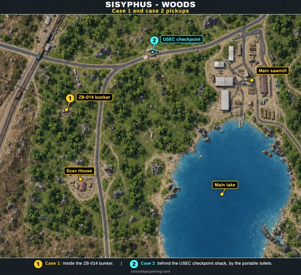 Sisyphus Woods map showing ZB-014 and the USEC checkpoint case pickups