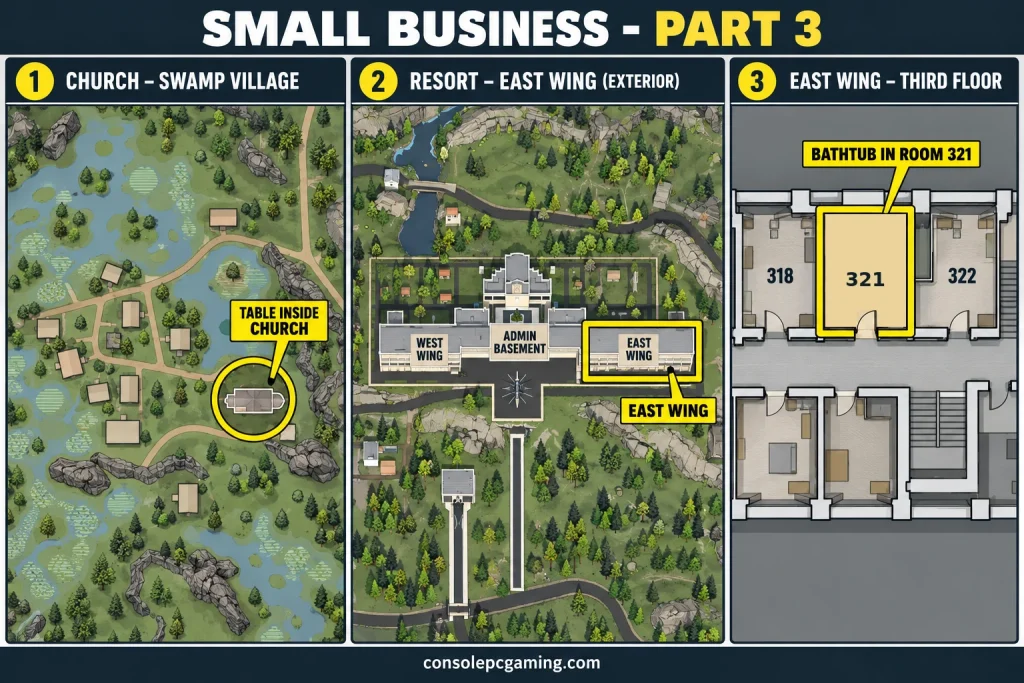 Shoreline locators for the swamp church and Resort East Wing third-floor room 321 in Small Business Part 3.